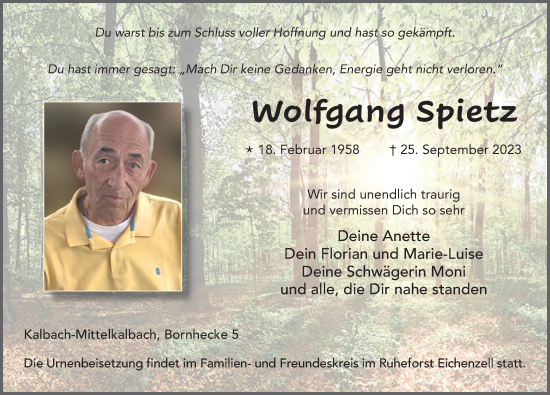 Traueranzeige von Wolfgang Spietz von FZ