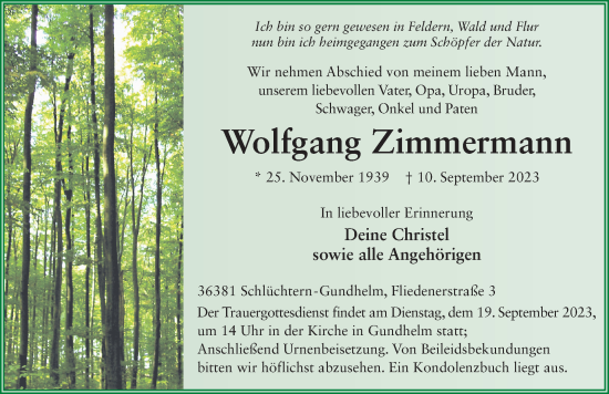 Traueranzeige von Wolfgang Zimmermann von FZ