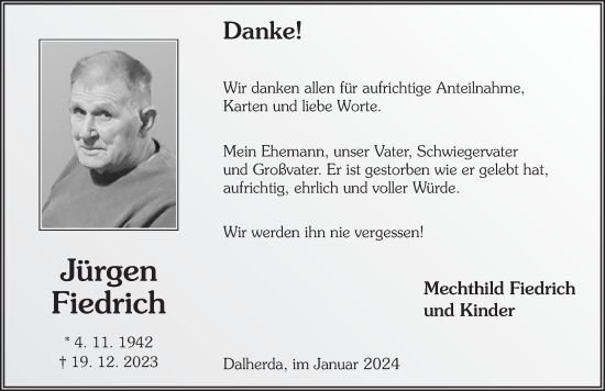 Traueranzeige von Jürgen Fiedrich von Fuldaer Zeitung
