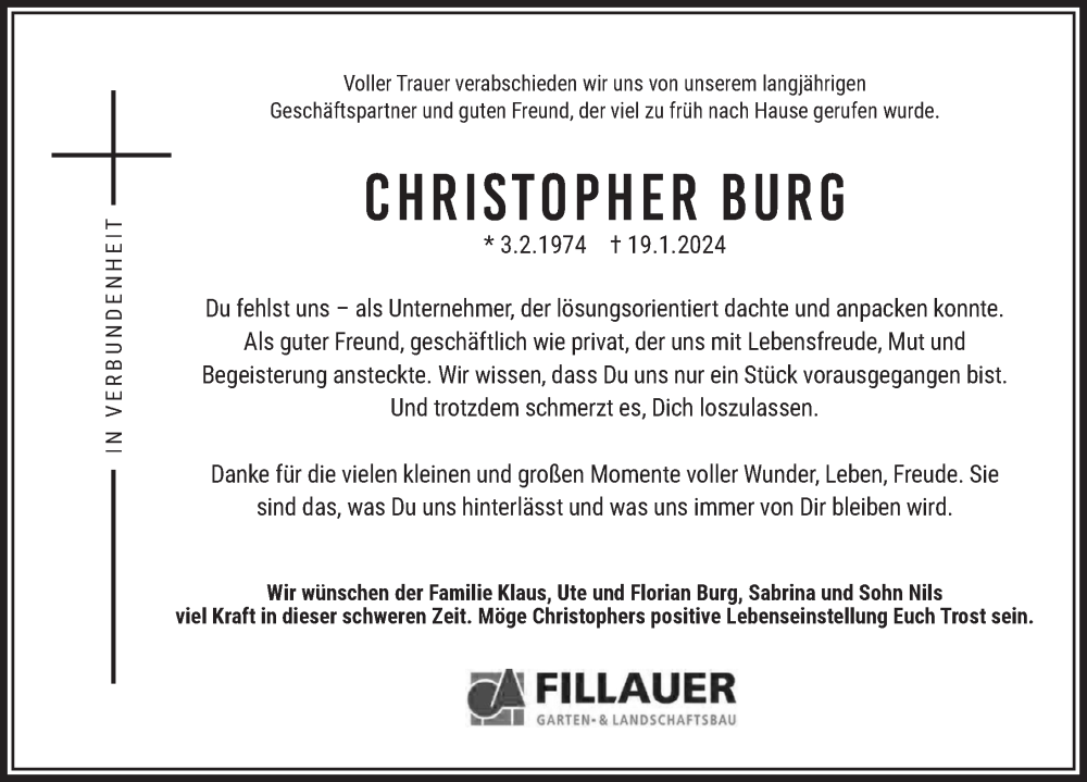  Traueranzeige für Christopher Burg vom 27.01.2024 aus Fuldaer Zeitung