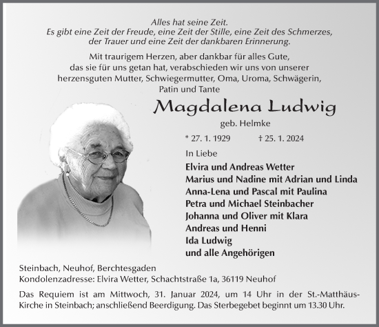 Traueranzeige von Magdalena Ludwig von Fuldaer Zeitung