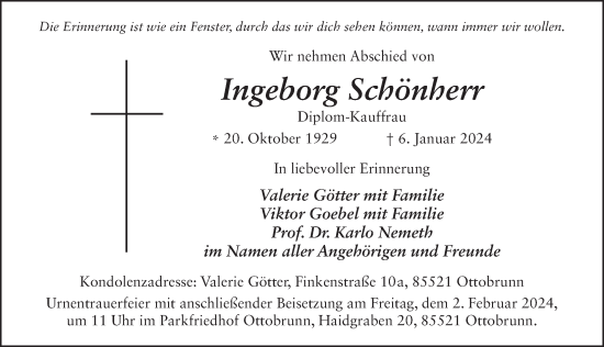 Traueranzeige von Ingeborg Schönherr von Fuldaer Zeitung