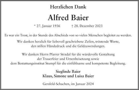 Traueranzeige von Alfred Baier von Fuldaer Zeitung