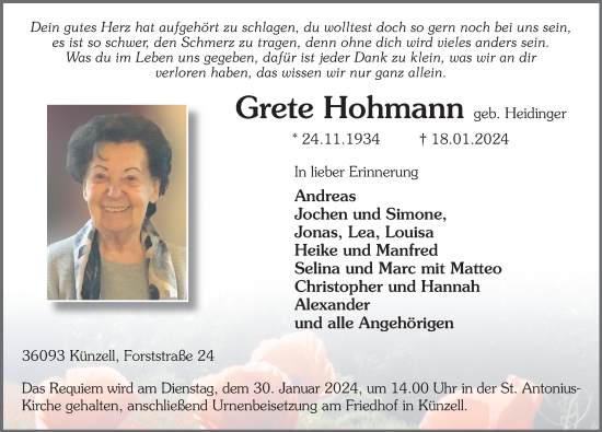 Traueranzeige von Grete Hohmann von Fuldaer Zeitung