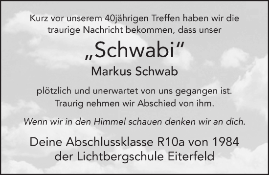 Traueranzeige von Markus Schwab von Fuldaer Zeitung