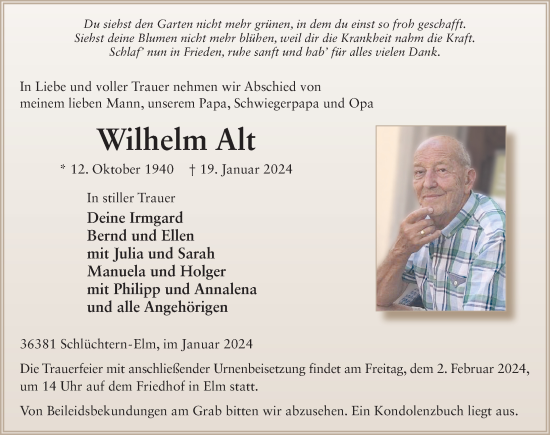 Traueranzeige von Wilhelm Alt von Fuldaer Zeitung