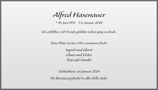 Traueranzeige von Alfred Hasenauer von Fuldaer Zeitung