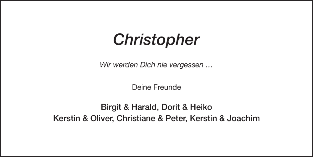  Traueranzeige für Christopher Burg vom 27.01.2024 aus Fuldaer Zeitung