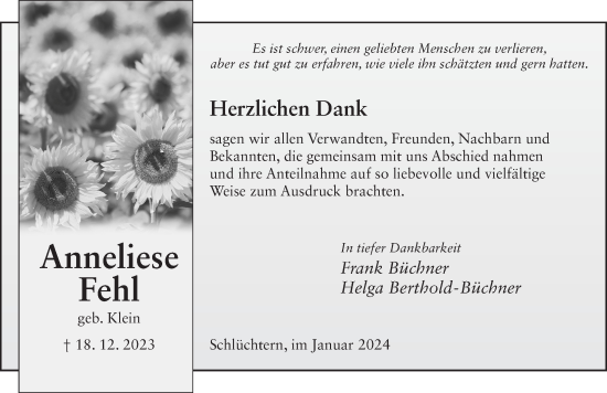 Traueranzeige von Anneliese Fehl von Fuldaer Zeitung