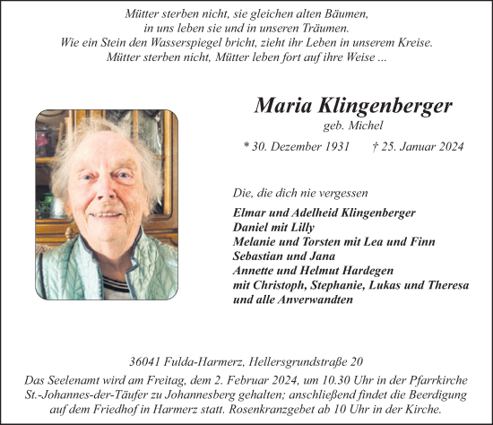 Traueranzeige von Maria Klingenberger von Fuldaer Zeitung