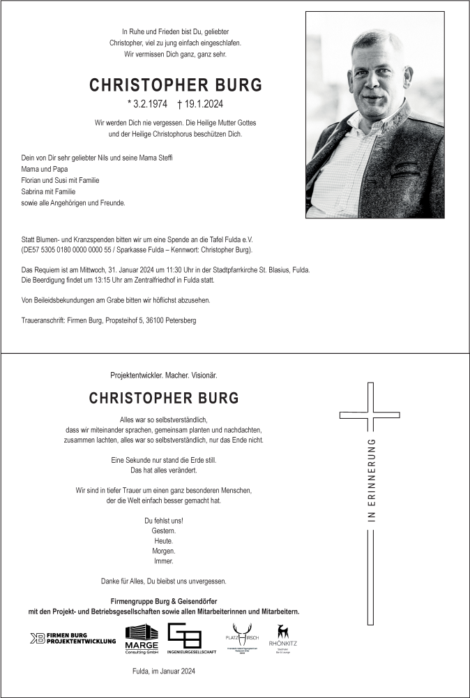  Traueranzeige für Christopher Burg vom 27.01.2024 aus Fuldaer Zeitung