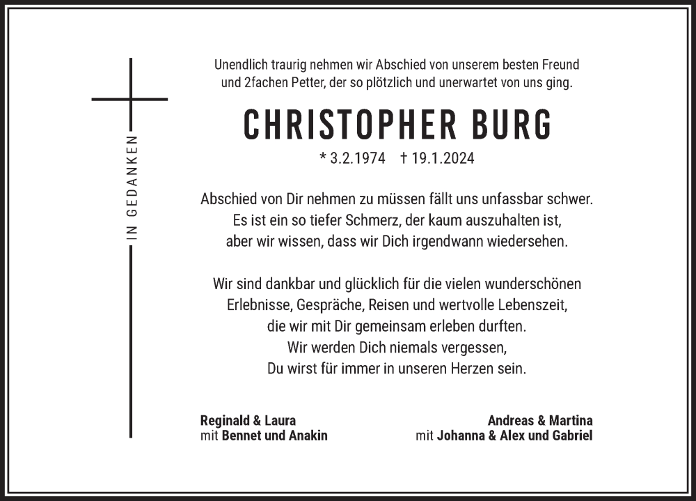  Traueranzeige für Christopher Burg vom 27.01.2024 aus Fuldaer Zeitung