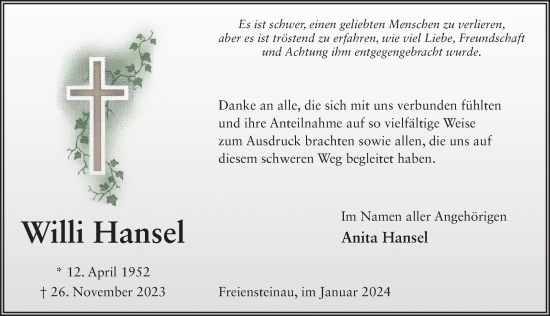 Traueranzeige von Willi Hansel von Fuldaer Zeitung