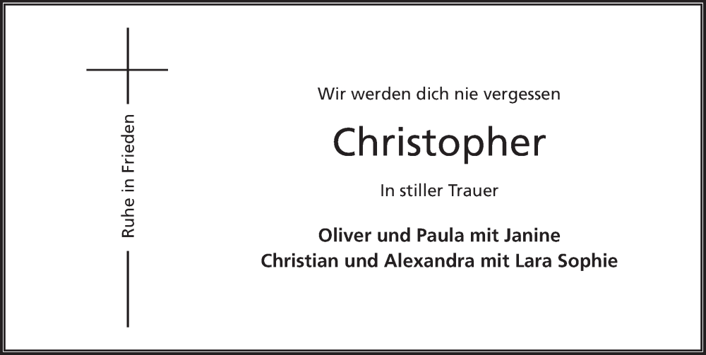  Traueranzeige für Christopher Burg vom 29.01.2024 aus Fuldaer Zeitung