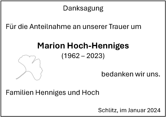 Traueranzeige von Marion Hoch-Henniges von Fuldaer Zeitung