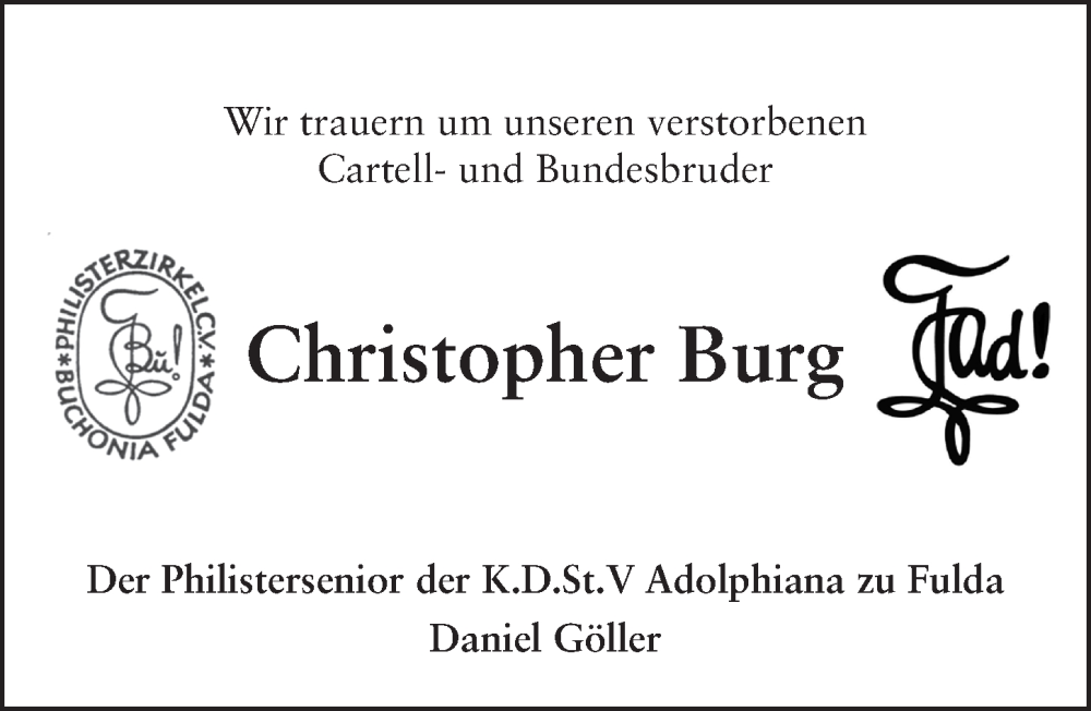  Traueranzeige für Christopher Burg vom 27.01.2024 aus Fuldaer Zeitung