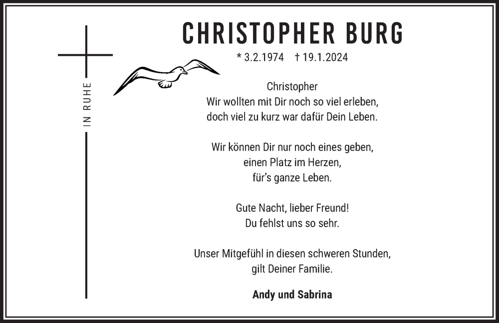  Traueranzeige für Christopher Burg vom 27.01.2024 aus Fuldaer Zeitung