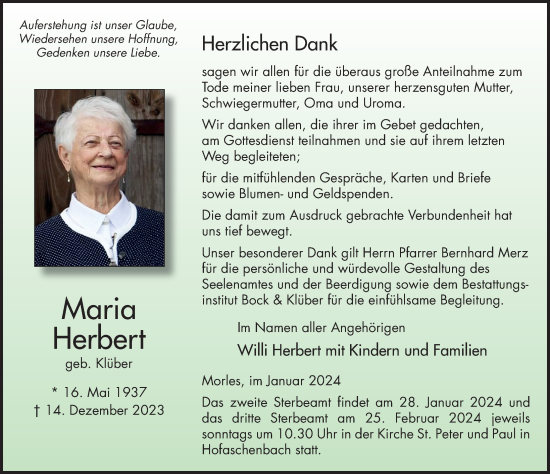 Traueranzeige von Maria Herbert von Fuldaer Zeitung
