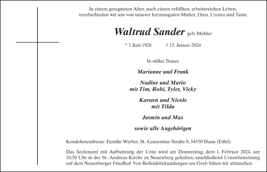 Traueranzeige von Waltraud Sander von Fuldaer Zeitung