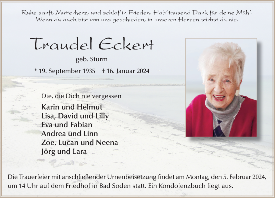 Traueranzeige von Traudel Eckert von Fuldaer Zeitung