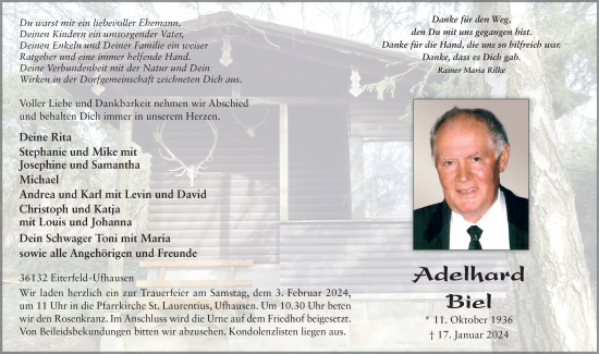Traueranzeige von Adelhard Biel von FZ