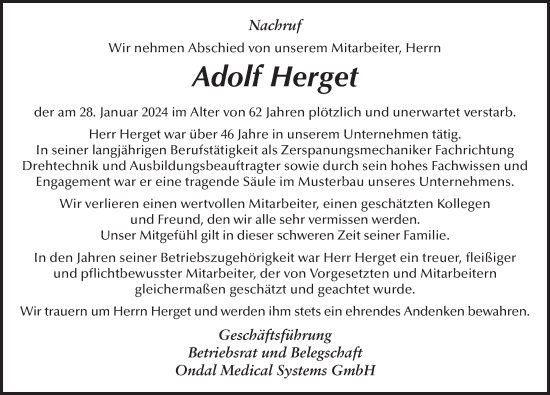 Traueranzeige von Adolf Herget von FZ