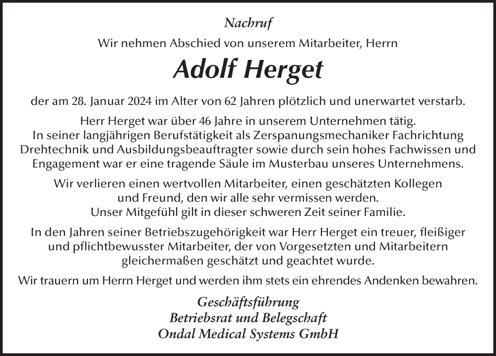  Traueranzeige für Adolf Herget vom 30.01.2024 aus FZ