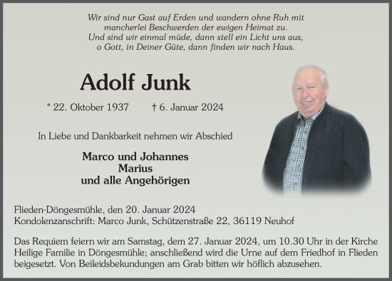 Traueranzeige von Adolf Junk von FZ