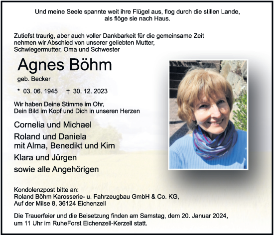 Traueranzeige von Agnes Böhm von FZ