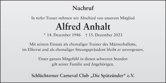 Traueranzeige von Alfred Anhalt von FZ