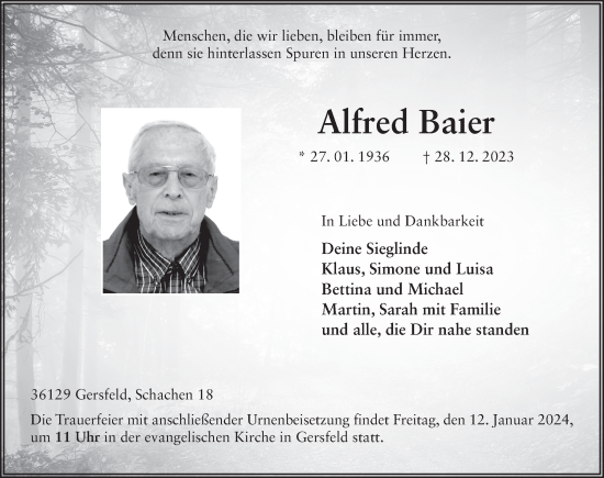 Traueranzeige von Alfred Baier von FZ