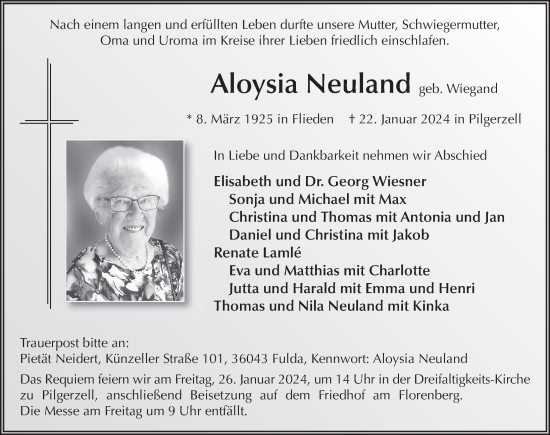 Traueranzeige von Aloysia Neuland von FZ