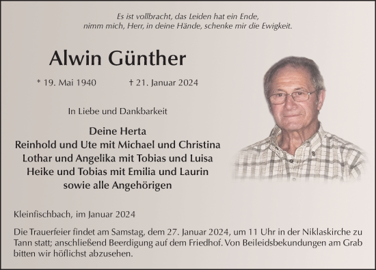 Traueranzeige von Alwin Günther von FZ