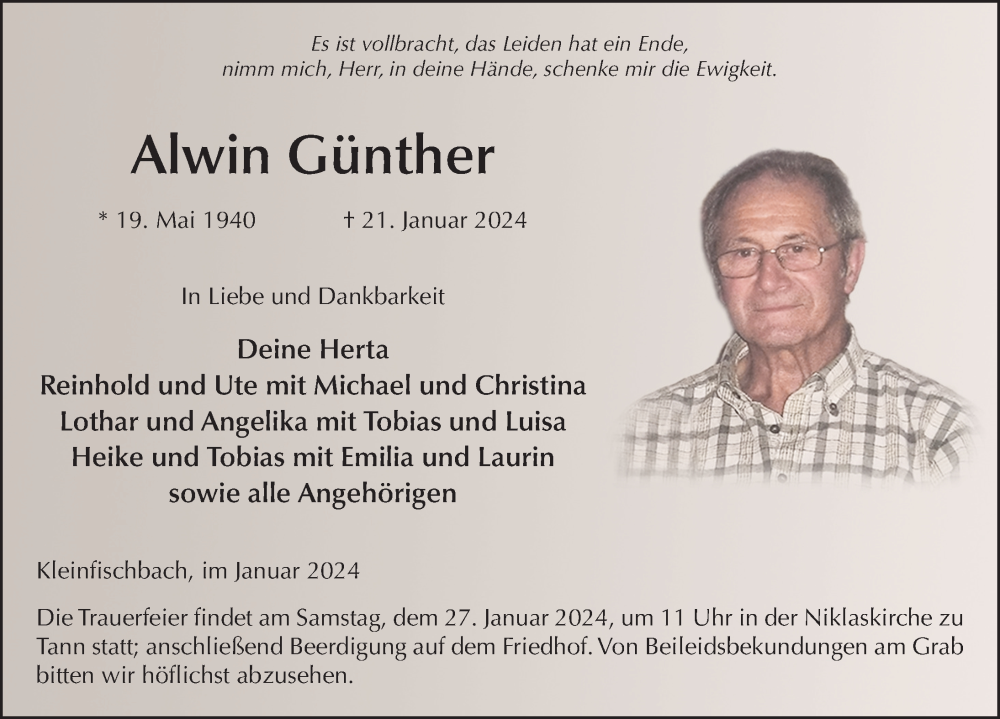  Traueranzeige für Alwin Günther vom 25.01.2024 aus FZ
