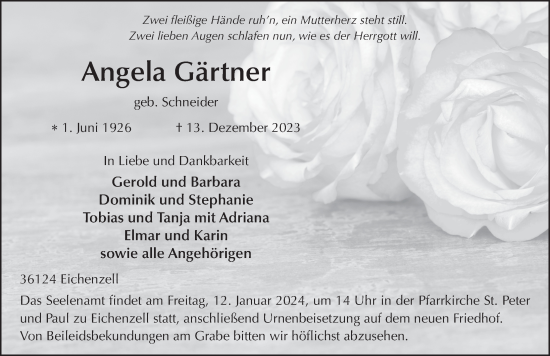 Traueranzeige von Angela Gärtner von FZ