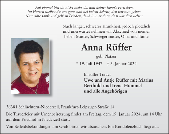 Traueranzeige von Anna Rüffer von FZ