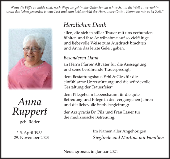 Traueranzeige von Anna Ruppert von FZ