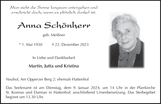 Traueranzeige von Anna Schönherr von FZ