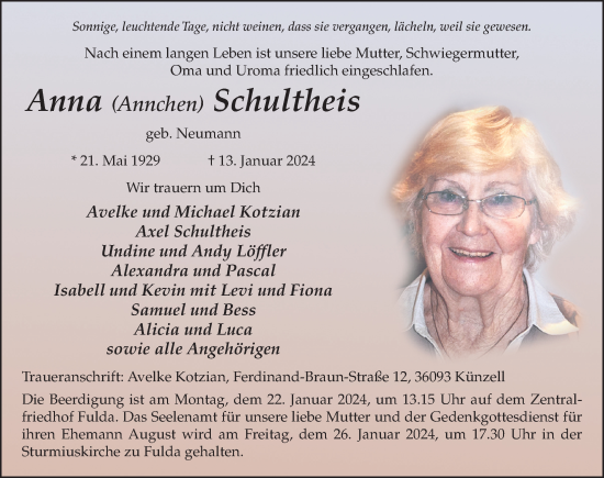 Traueranzeige von Anna Schultheis von FZ