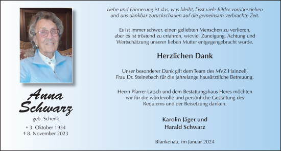 Traueranzeige von Anna Schwarz von FZ