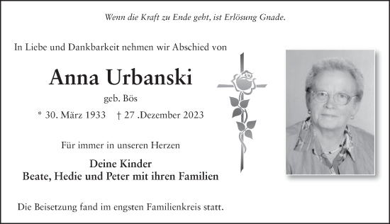 Traueranzeige von Anna Urbanski von FZ