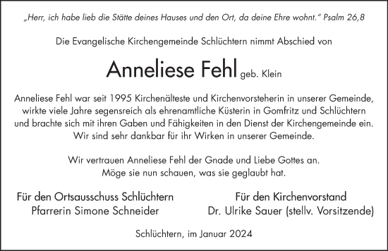 Traueranzeige von Anneliese Fehl von FZ