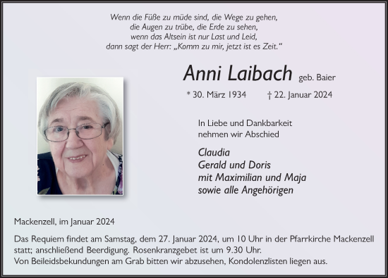 Traueranzeige von Anni Laibach von FZ