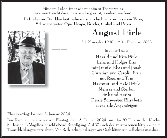 Traueranzeige von August Firle von FZ