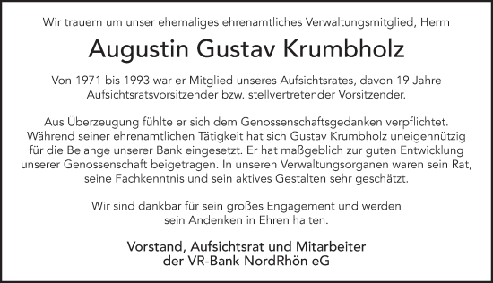 Traueranzeige von Augustin Gustav Krumbholz von FZ