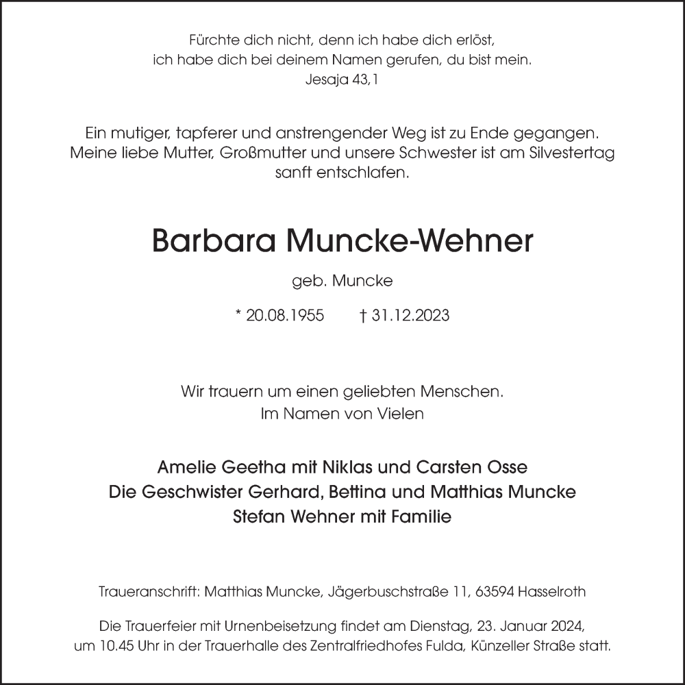  Traueranzeige für Barbara Muncke-Wehner vom 13.01.2024 aus FZ