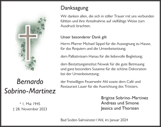 Traueranzeige von Bernardo Sobrino-Martinez von FZ