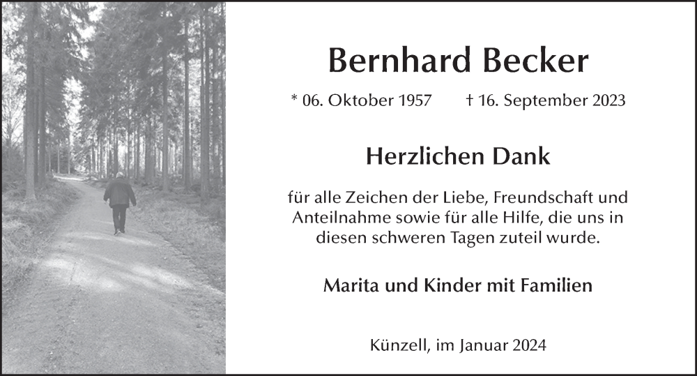  Traueranzeige für Bernhard Becker vom 06.01.2024 aus FZ