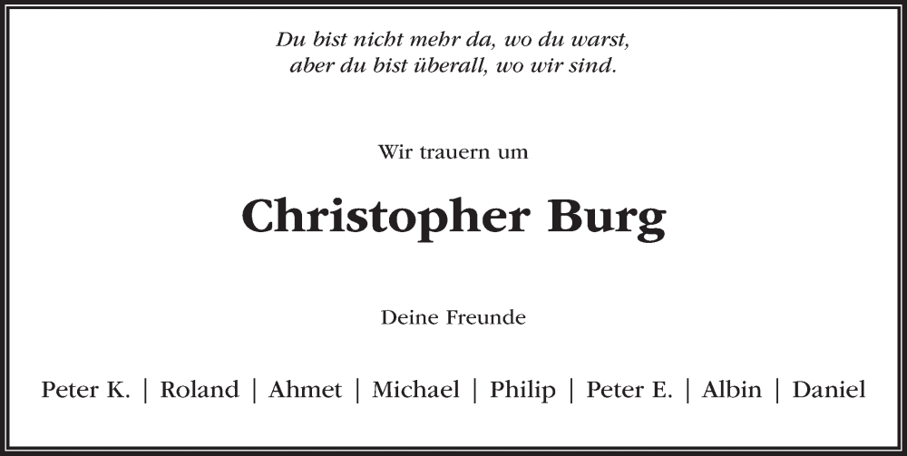  Traueranzeige für Christopher Burg vom 27.01.2024 aus Fuldaer Zeitung