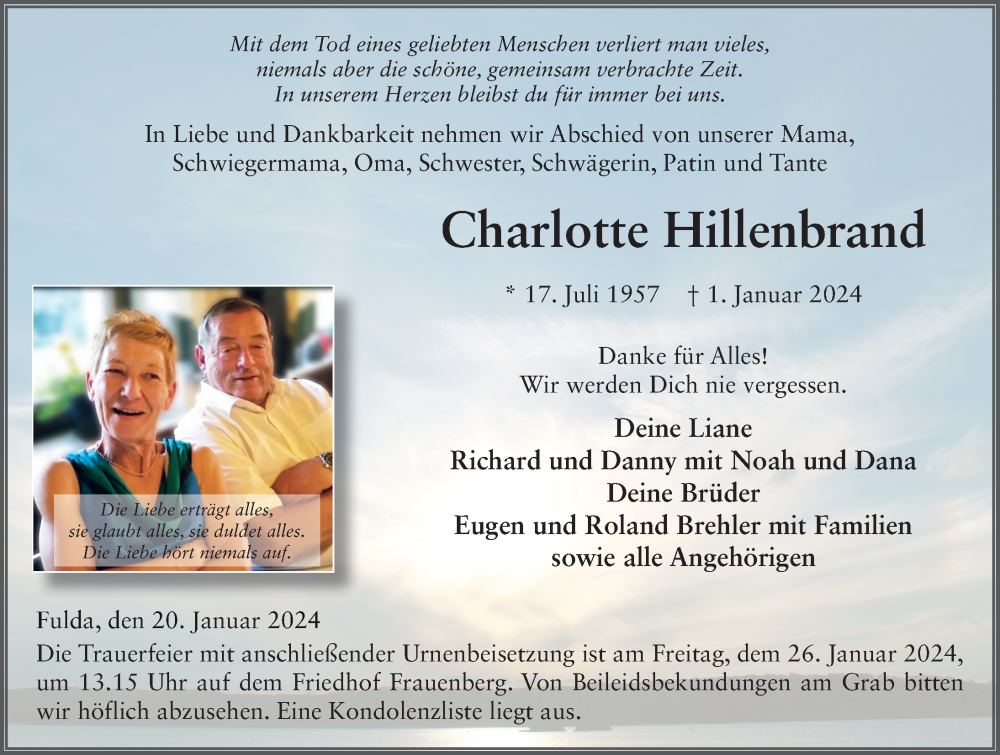  Traueranzeige für Charlotte Hillenbrand vom 20.01.2024 aus FZ